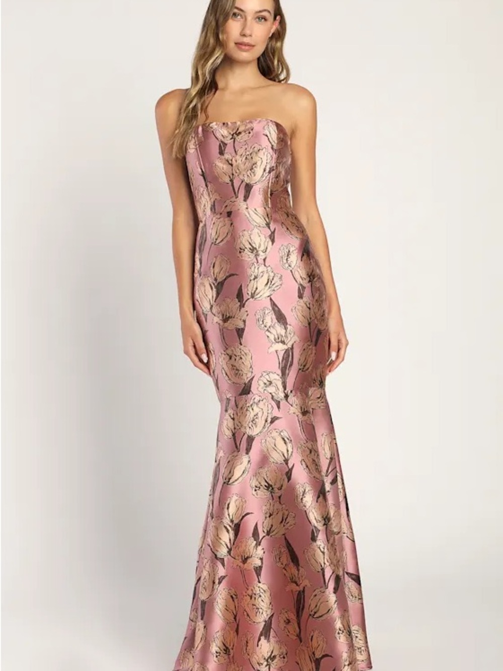 Lulus Gowning Around Mauve Floral Jacquard Strapless Maxi Dress - Picture 3 of 12